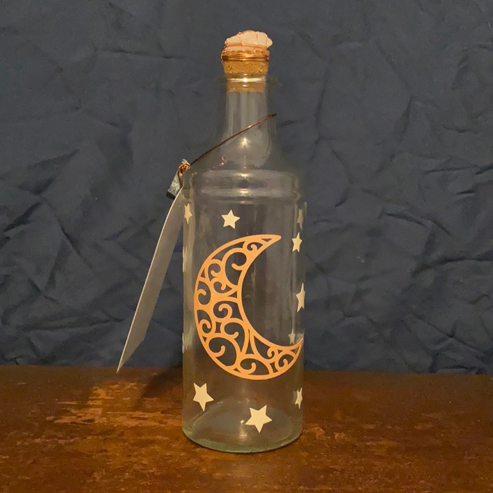 Moonwater bottle:quartz stopper,incantation tag